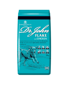teal bag of dr john flake with chicken dog food